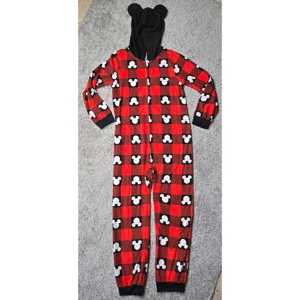 Disney 100 Mickey Mouse Ears One Piece Pajamas Unisex Youth Large Full Zip Red